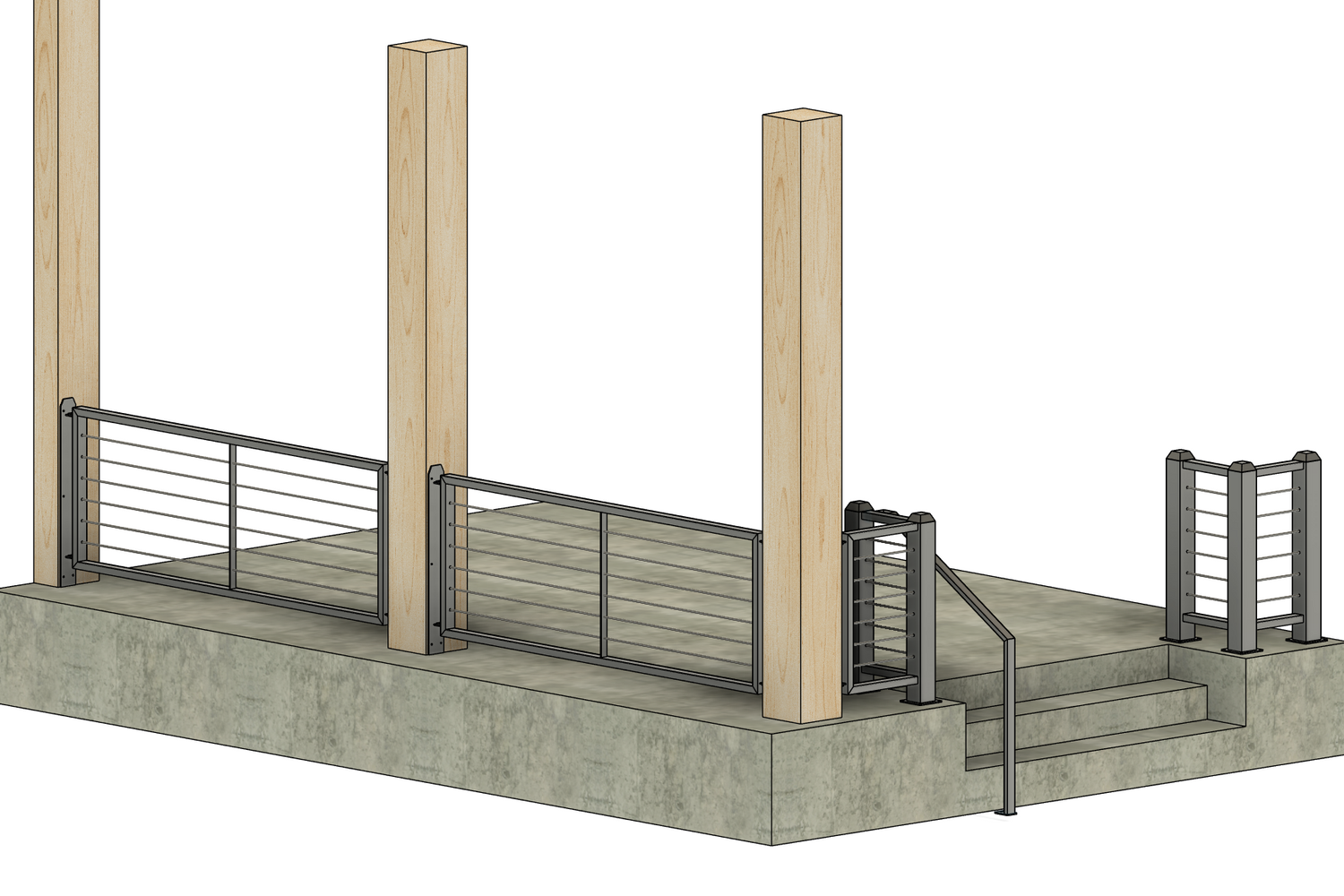 3D model of a small concrete platform with metal railings and columns on a white background